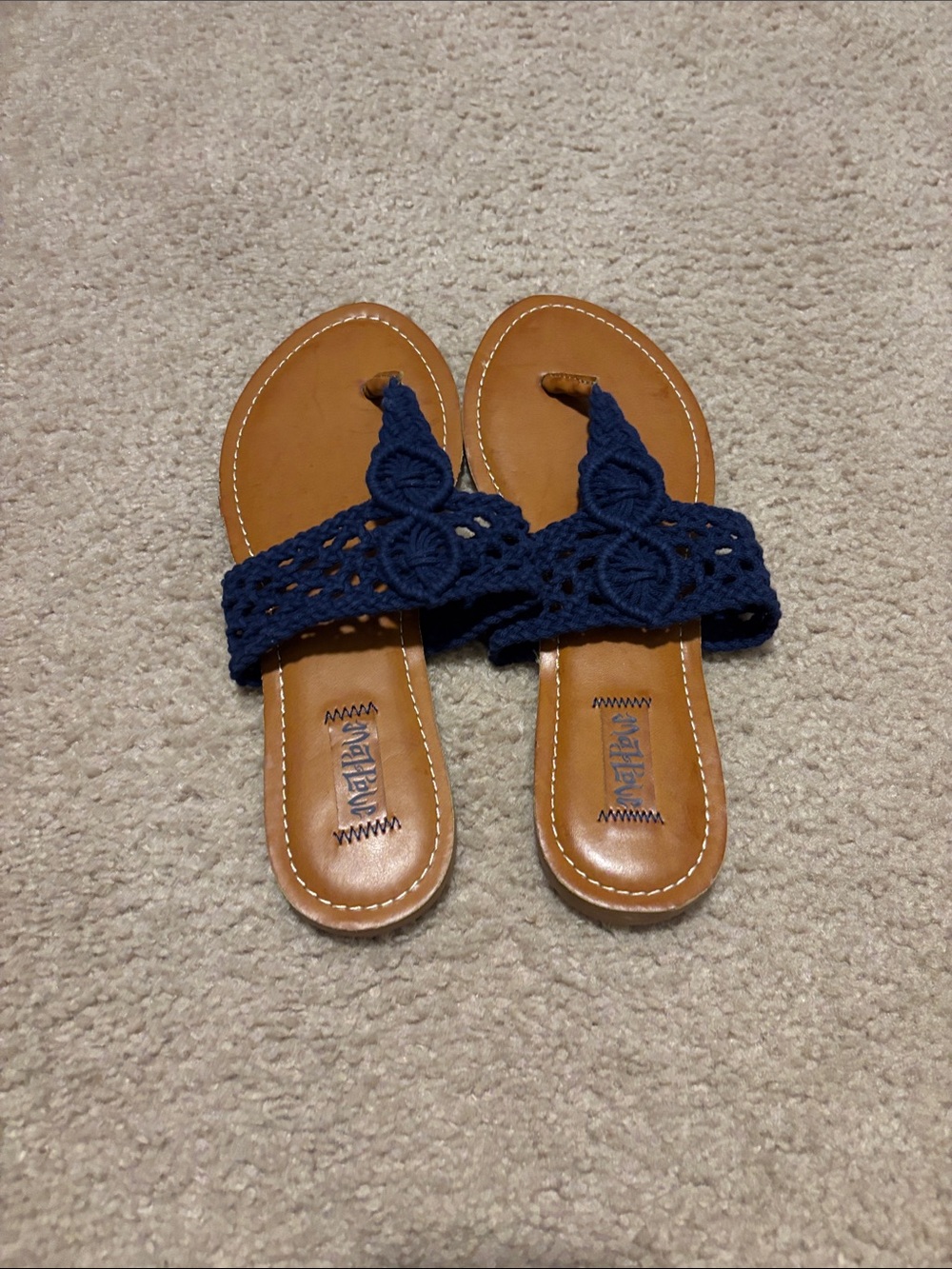 Mad Love Navy Crochet Toe-Loop Sandals with Tan Footbed